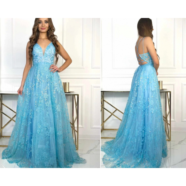 SVEČANA DOLGA MODRA OBLEKA IZ TILA